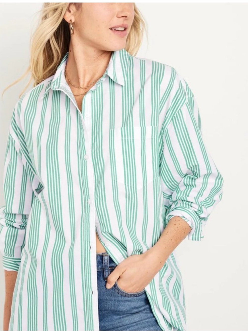 Old Navy Green and White Striped Button-Down Shirt